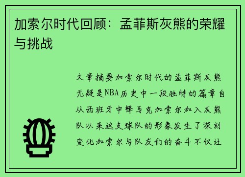 加索尔时代回顾：孟菲斯灰熊的荣耀与挑战